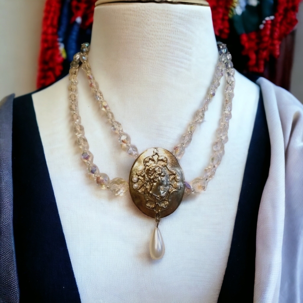 Vintage Cameo Brooch and Crystal Beaded Two Piece Necklace Set